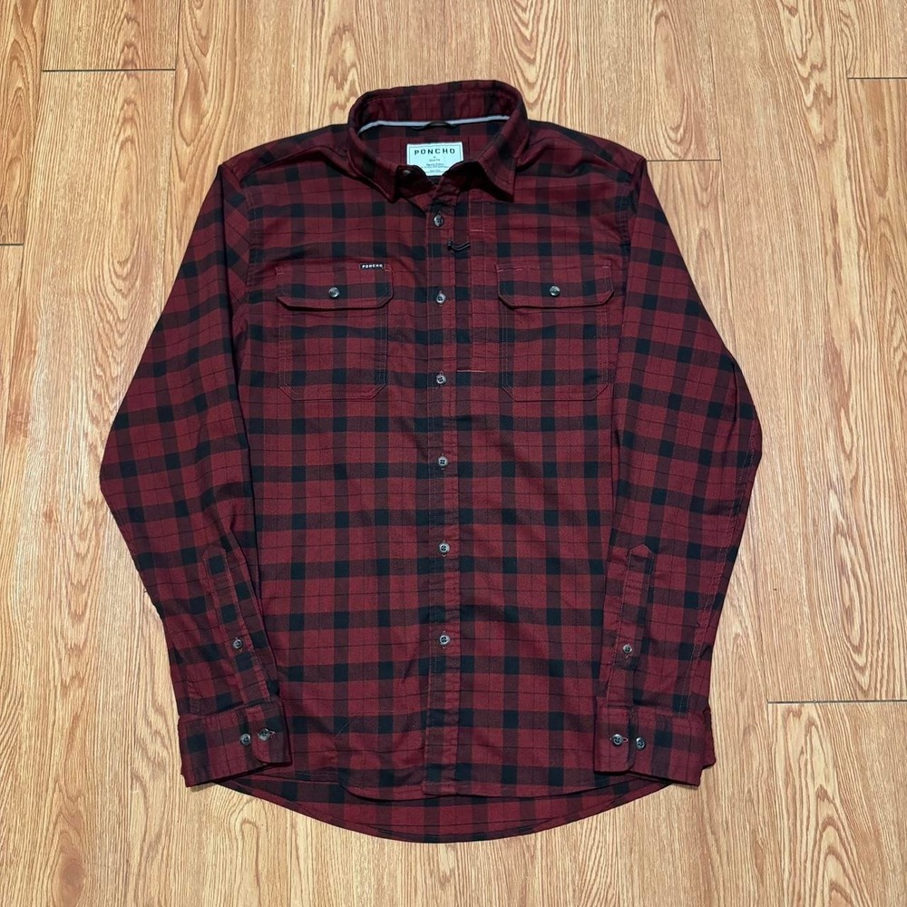 Poncho Men's Shirt Button Up Buffalo Plaid Magnetic Pockets Red Size Medium